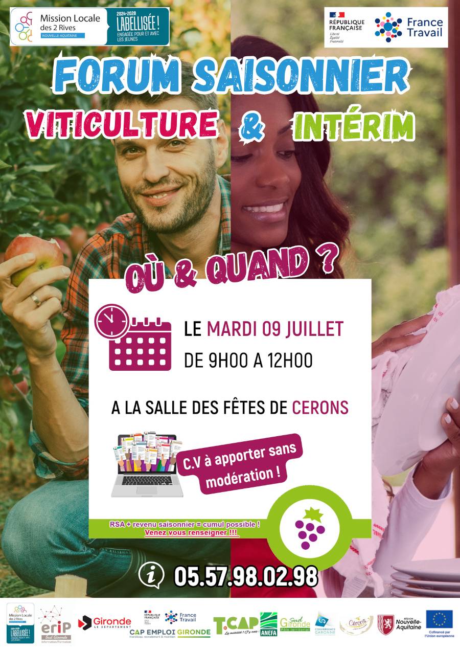 Affiche Forum saisonnier viticulture et intérim le 9 Juillet à Cérons - Virelade