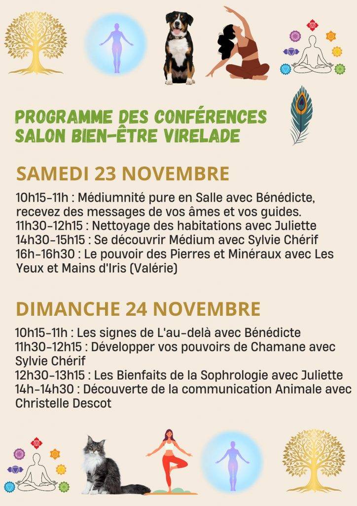 Affiche Programme des conférences - Journées Bien-être et Voyance - Virelade